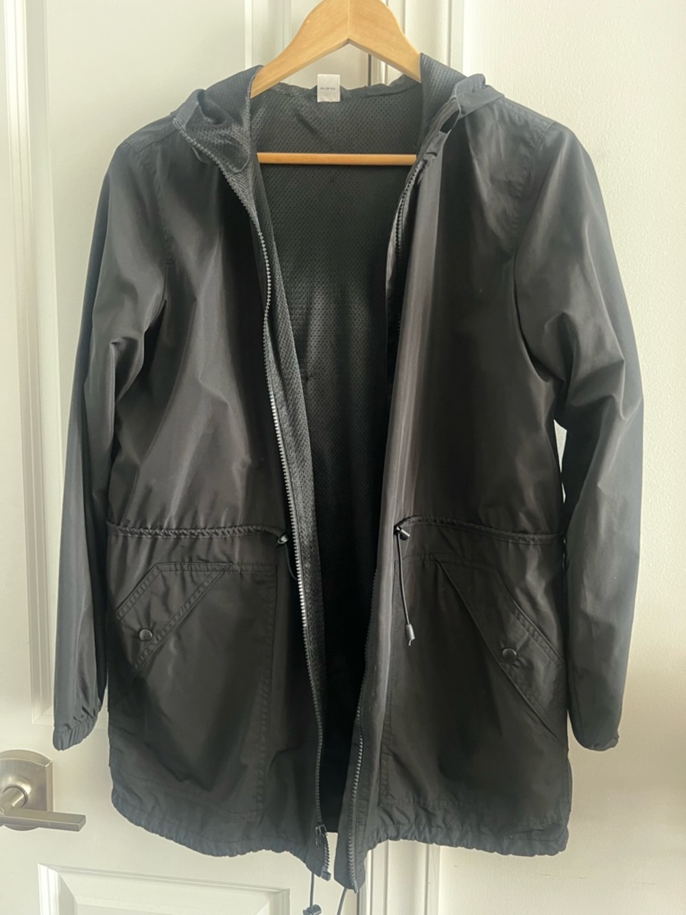 Old Navy Black Hooded Raincoat with Waist Drawcord